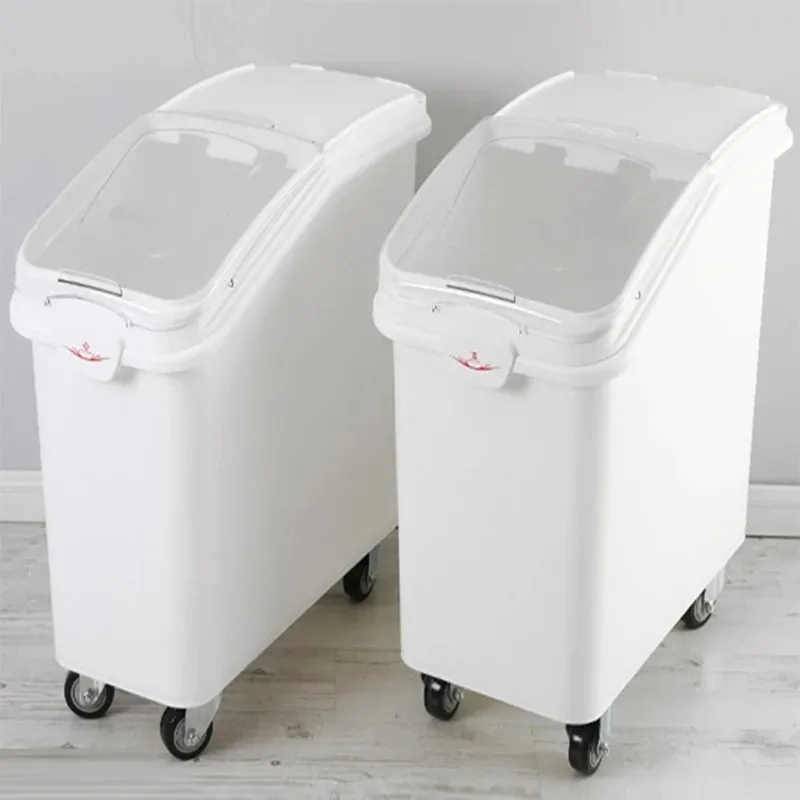 F8890 Ingredient Storage Box, Polypropylene Material Flour Box on Wheels, White Shelf Ingredient Box with Spoon, Commercial