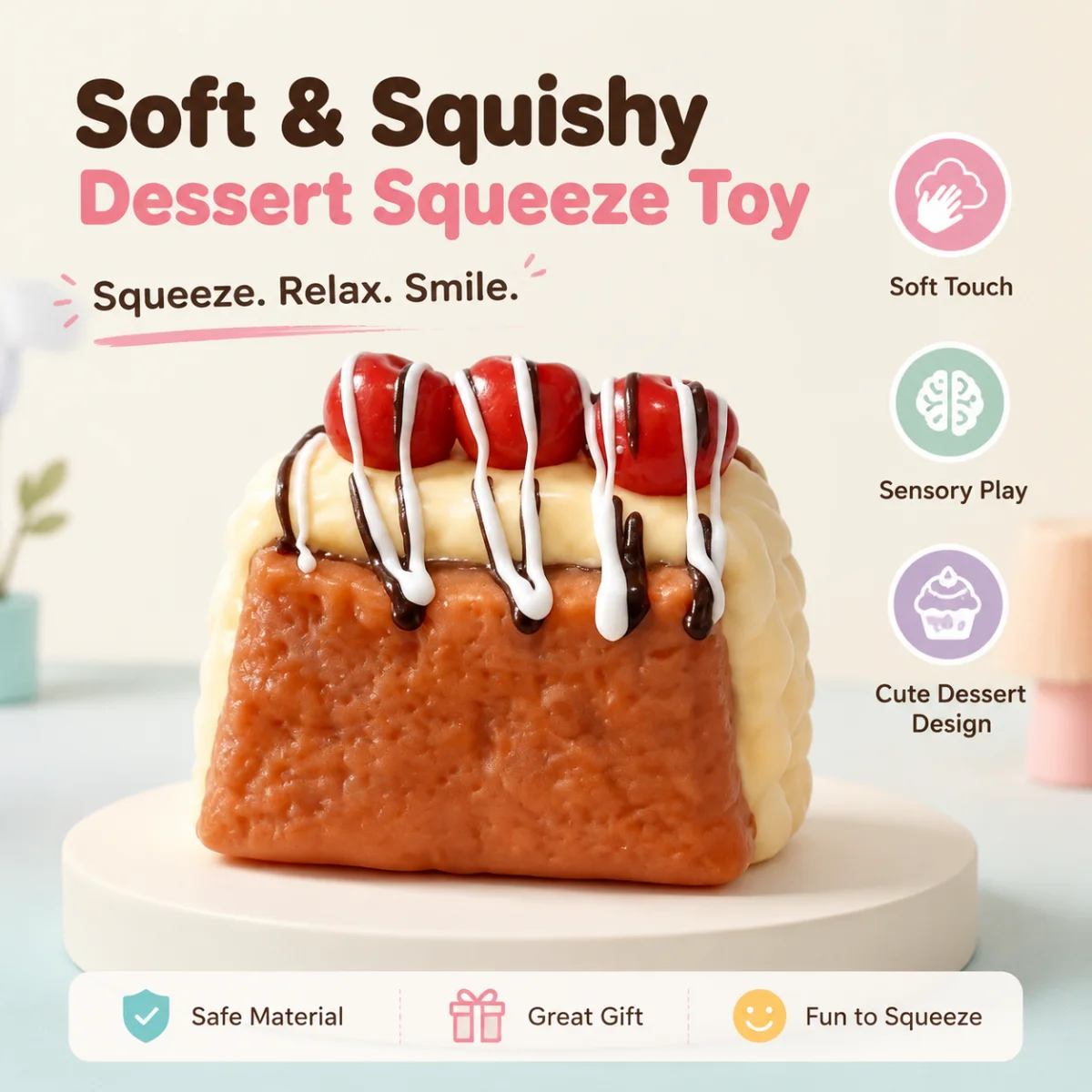 Food Grade Cherry Chocolate Toast Squishy Toy With Dripping Chocolate And White Cream Sauce Slow Rebound Soft Squeeze Toy