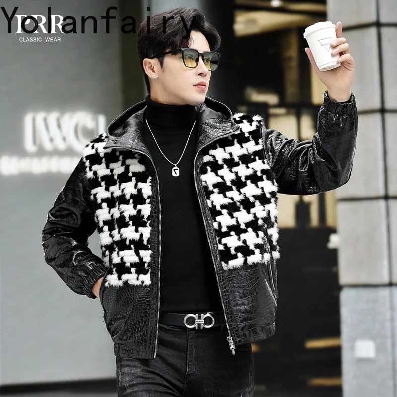 

YOLANFAIRY Sheepskin Real Mink Fur Jacket Mens 90% Goose Down 10% Goose Feather Coat Genuine Leather Winter Mens Clothing Short