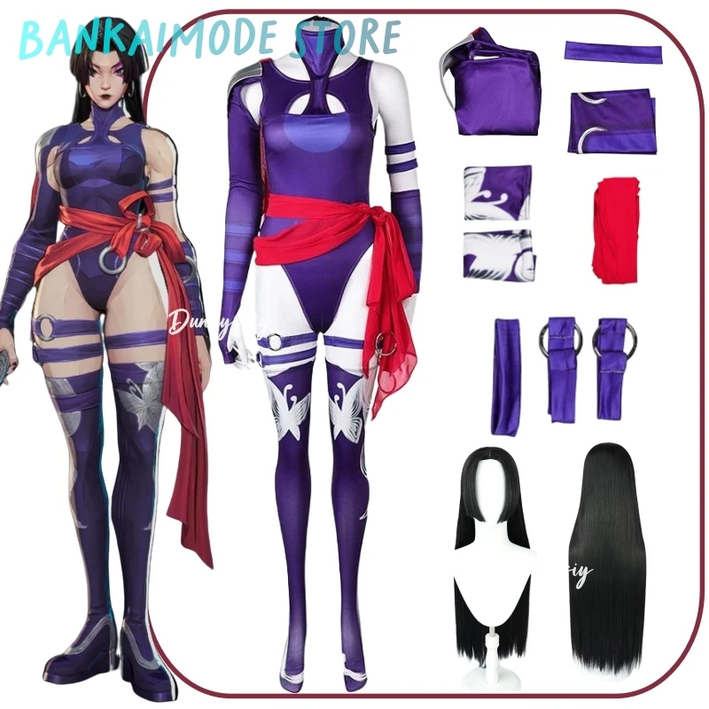 Mv Rivals Psylocke Sai Cosplay fantasía disfraz peluca guantes mono calcetines disfraz para mujeres adulto Halloween traje de fiesta de Carnaval