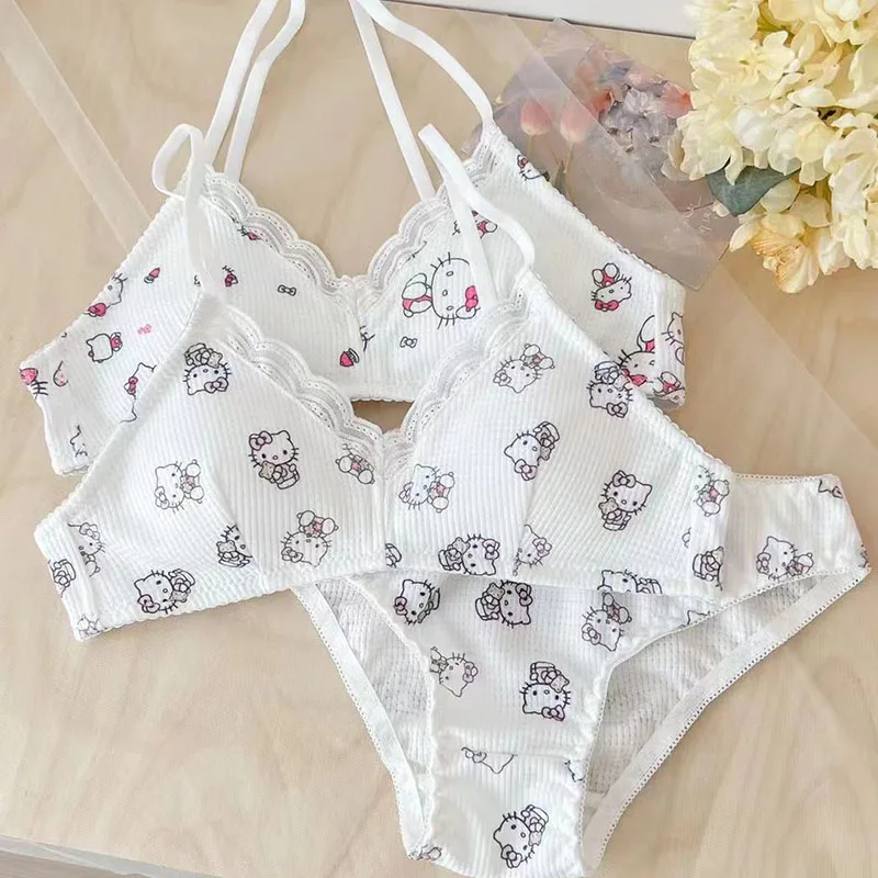 Sanrio Hello Kitty Women\'s Bra Set Underwear Set Adjustable Shoulder Strap Seamless Bralette Female Lingerie Soft Tank Crop Top