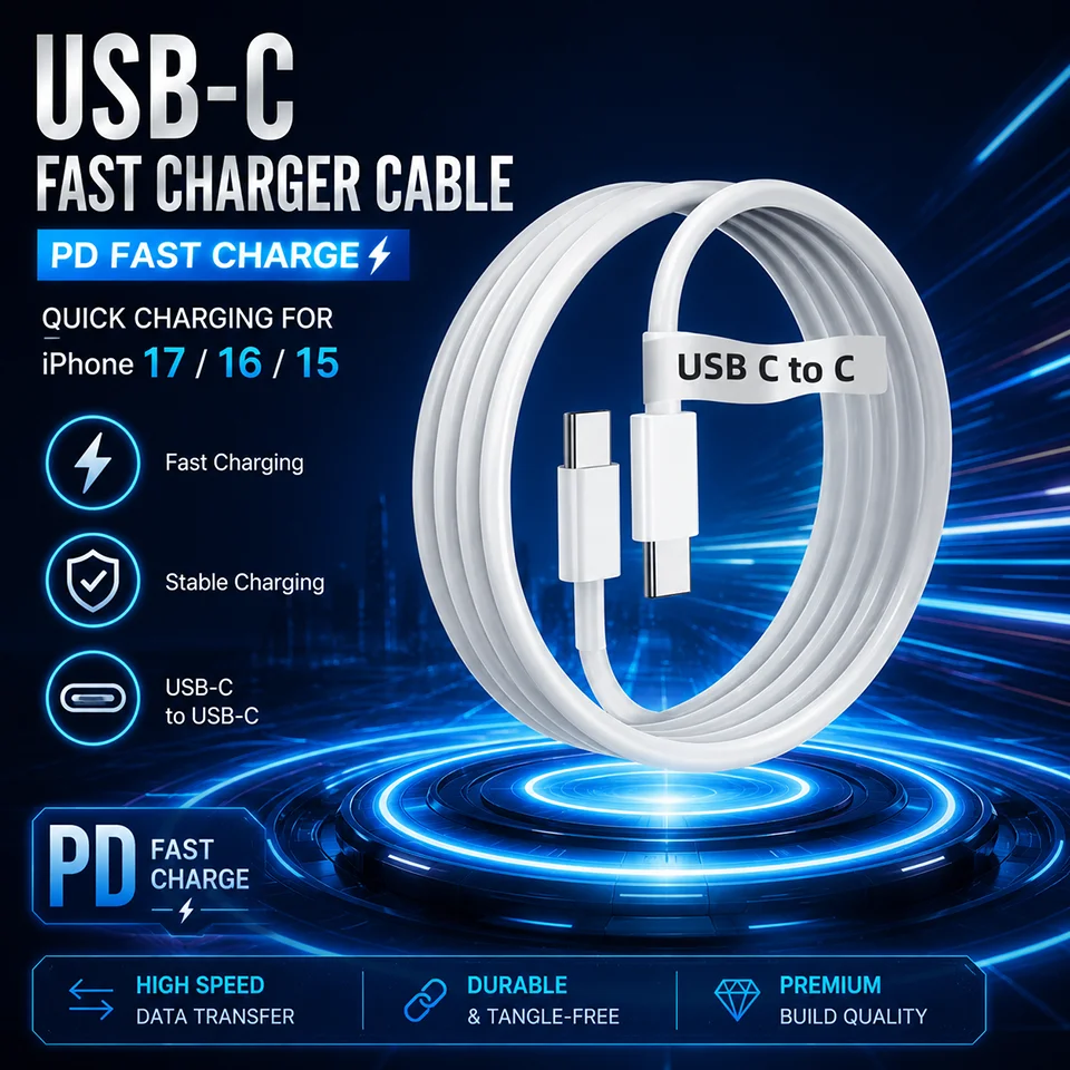 Type C to USB C Cable 20W Fast Charging PD Charger Cord for iPhone 17 16 15 Pro Max Plus iPad Pro MacBook Samsung S25 S24