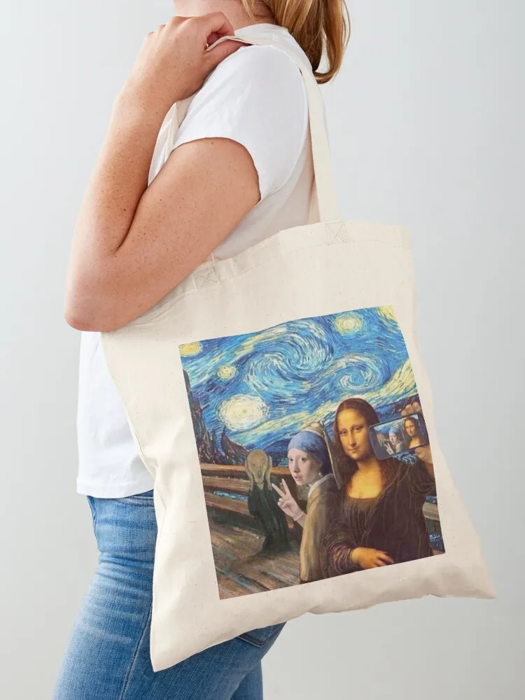 

Girl with a pearl earing taking selfie Tote Bag Lady bags reusable shopping bags shopper bag women Cloth bags
