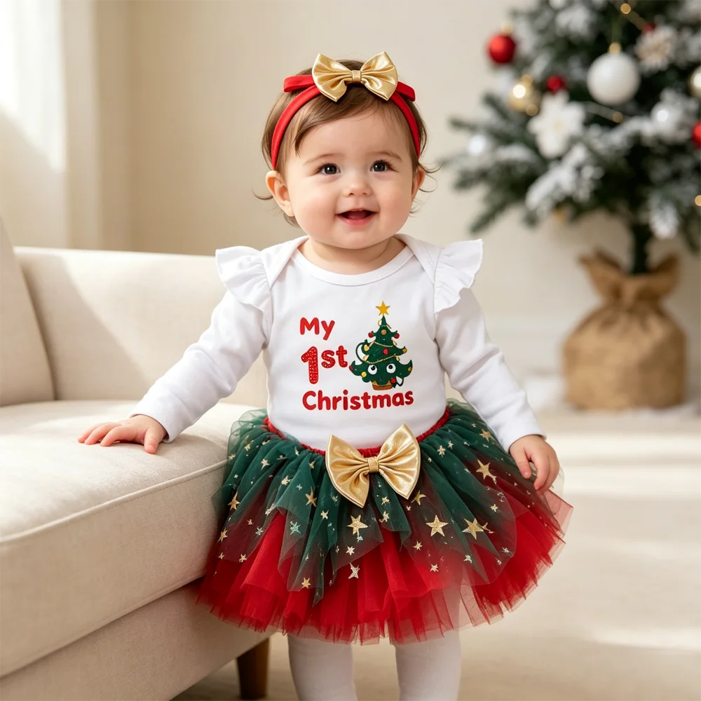 Baby Girls Christmas Outfit Ruffle Long Sleeve Romper Star Print Tutu Skirt Bow Headband Xmas Party Clothes for Newborn Infant