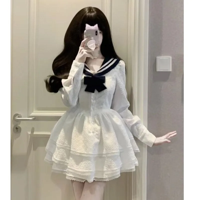 

Sweet Navy Collar French Cake Dress Women Bow Fashion Academy Lace Splice Fashion Birthday Cute Temperament Autumn Puff Skirt