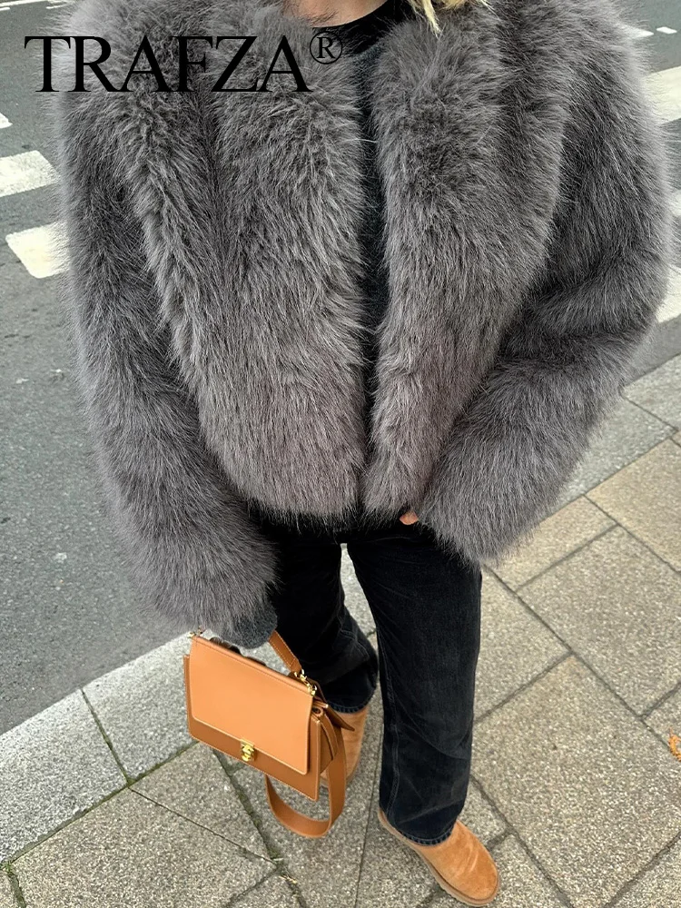 TRAFZA, cárdigan de manga larga con efecto de piel sintética gris elegante de invierno para Mujer, abrigo corto informal de calle con cuello redondo para Mujer