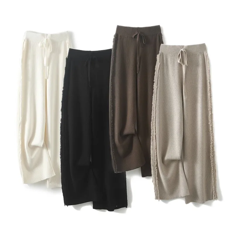 

Side Tassel Knitted Wide-Leg Pants Women's Thickened Casual Pants High Waist Loose Drooping Draggle-Tail Straight Trousers 2024