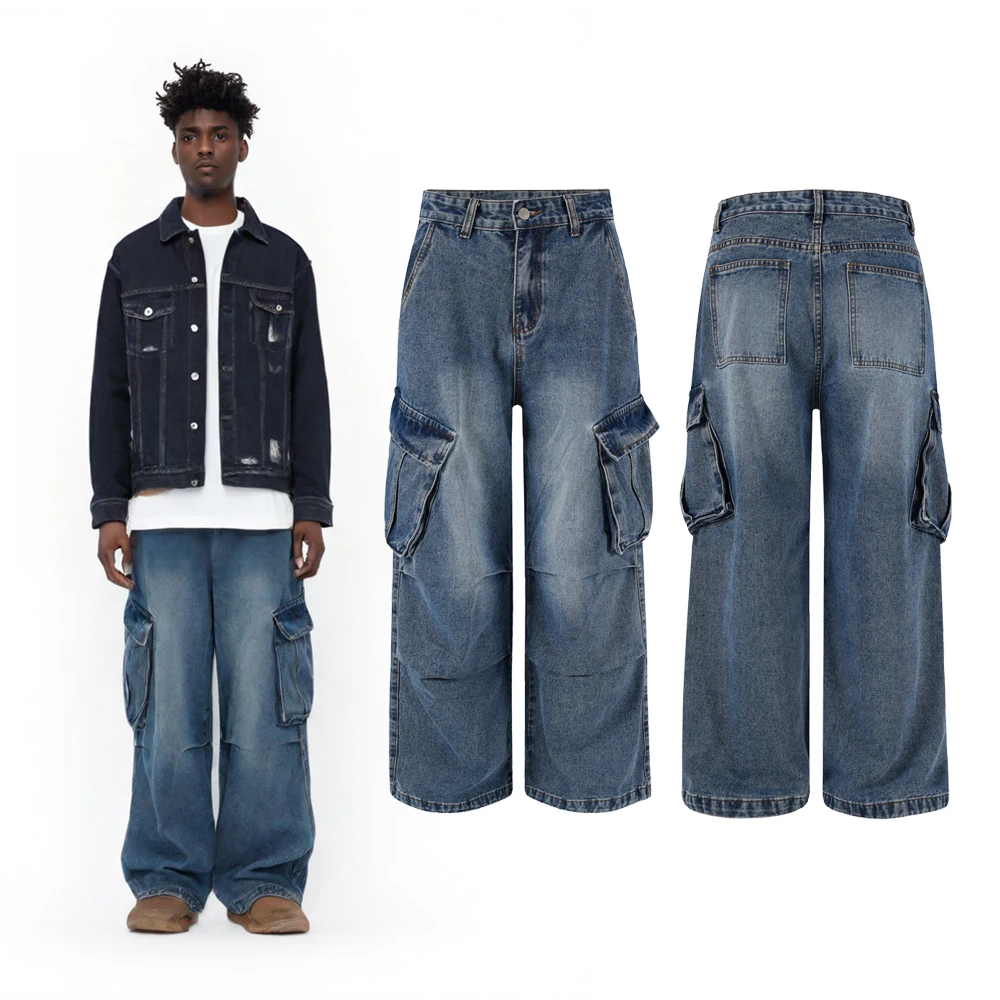 

Y2k Street Wear Clothing Men's Patch Pocket Denim Cargo Jeans Retro Vintage Hip Hop Street Style Casual Cotton Denim Cargo Pants
