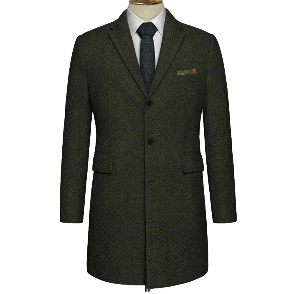 2026 Abrigo largo de Tweed cálido en espiga verde oscuro chaqueta de Tweed medio larga hecha a medida abrigos de longitud media abrigo de invierno de longitud media