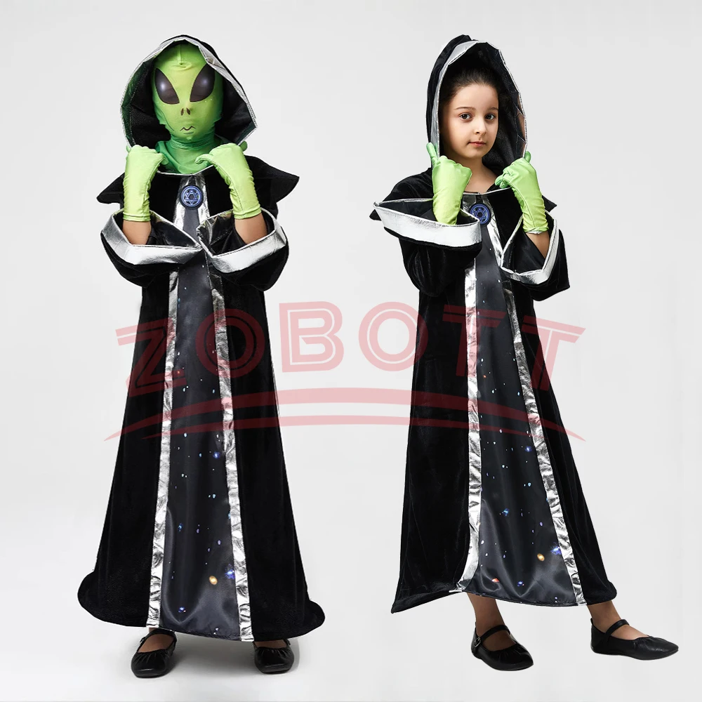 

3PCS Green ET Alien Lord Costume Cosplay Mask Gloves Evil Witch Horror Scary Mask Suit Halloween Costume Boy Girls Adult