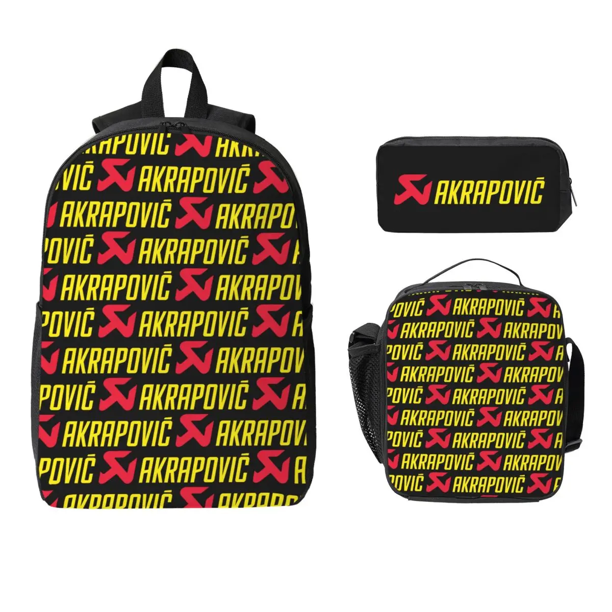 Akrapovics Logo AKS Motorcycle Exhaust Backpack Student Boys Girls BookBag School Bag 3ps Insulated Lunch Bag Pencil Case