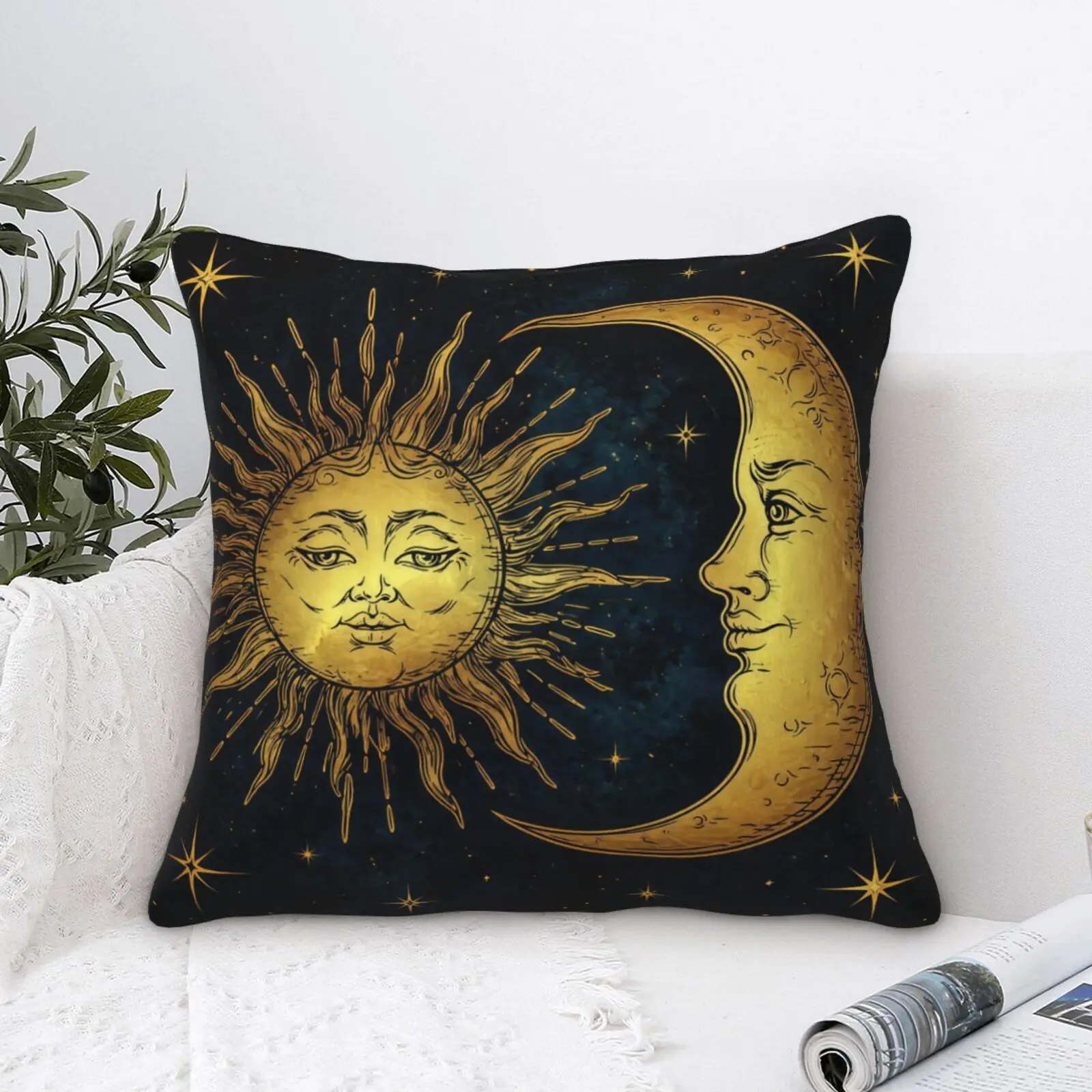 

Celestial Sun Moon Velvet Pillowcase, Mystic Boho Cushion Cover, Astrology Throw Pillow Case for Living Room Home Decor