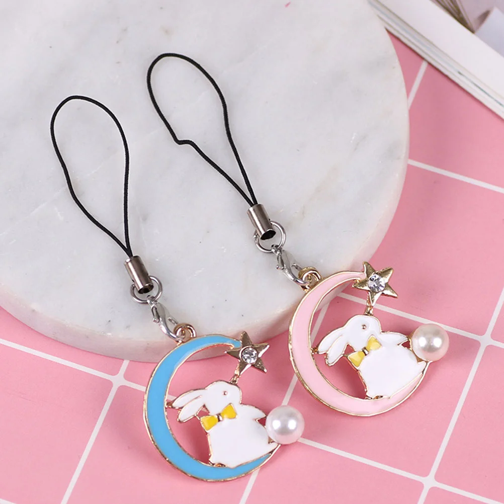 

2 Pcs Key Chain Mobile Phone Rabbit Keychain Charm Smartphones Moon Star Bunny Locket Charms Animal