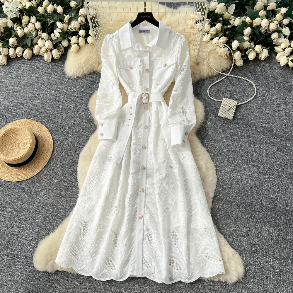 

Dress Women Long Dresses Vestidos Y2k Streetwear Turn Down Collar Hollow Out Elegant Splice Party Night Slim Fit Autumn Winter