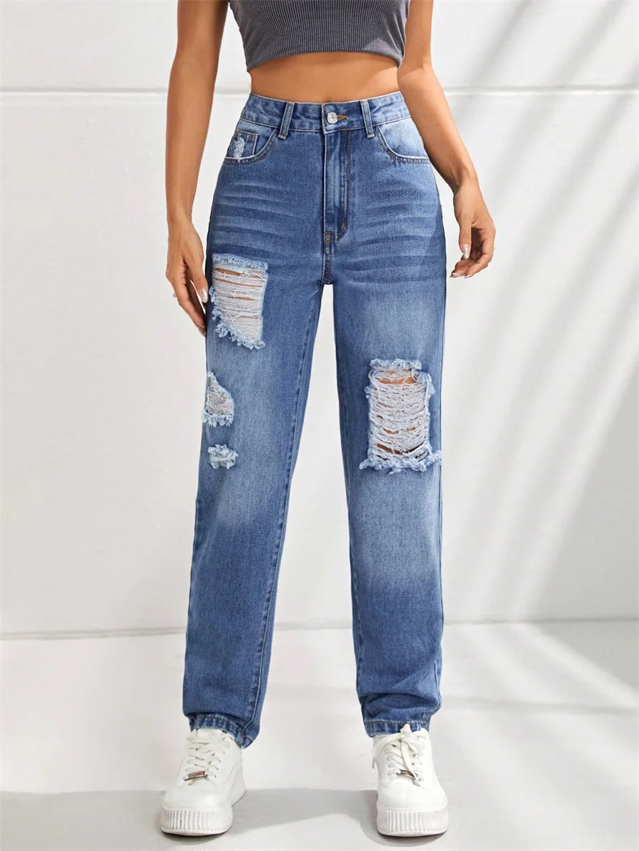 

Benuynffy High Waist Ripped Jeans For Women Spring Summer Bf Casual Streetwear Baggy Pants Woman Fashion Straight Denim Trousers