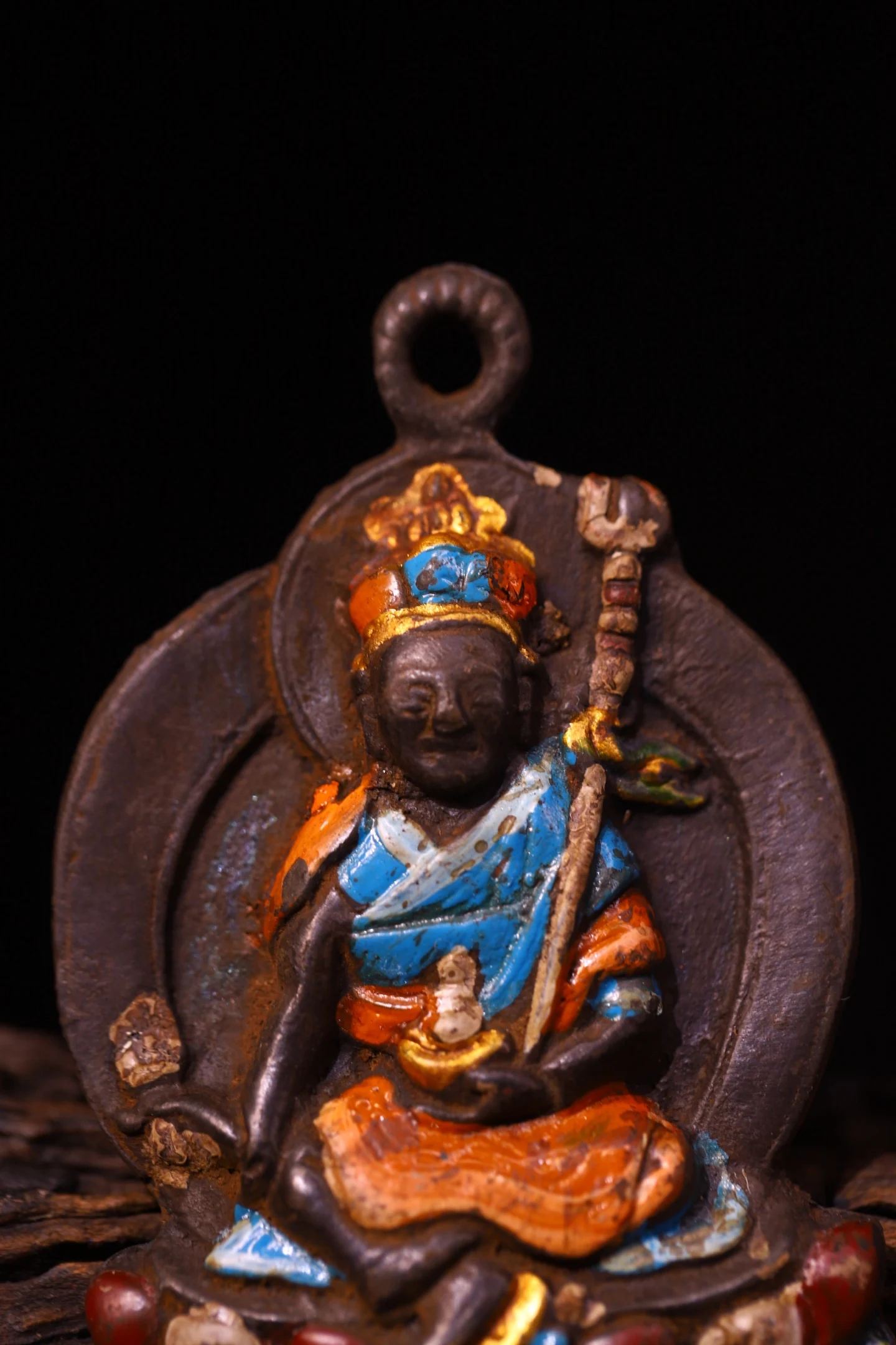 Old Bronze Cinnabar Painted Padmasambhava Buddha Plaque Lotus Master Buddha Pendant Amulet Dharam Exorcism