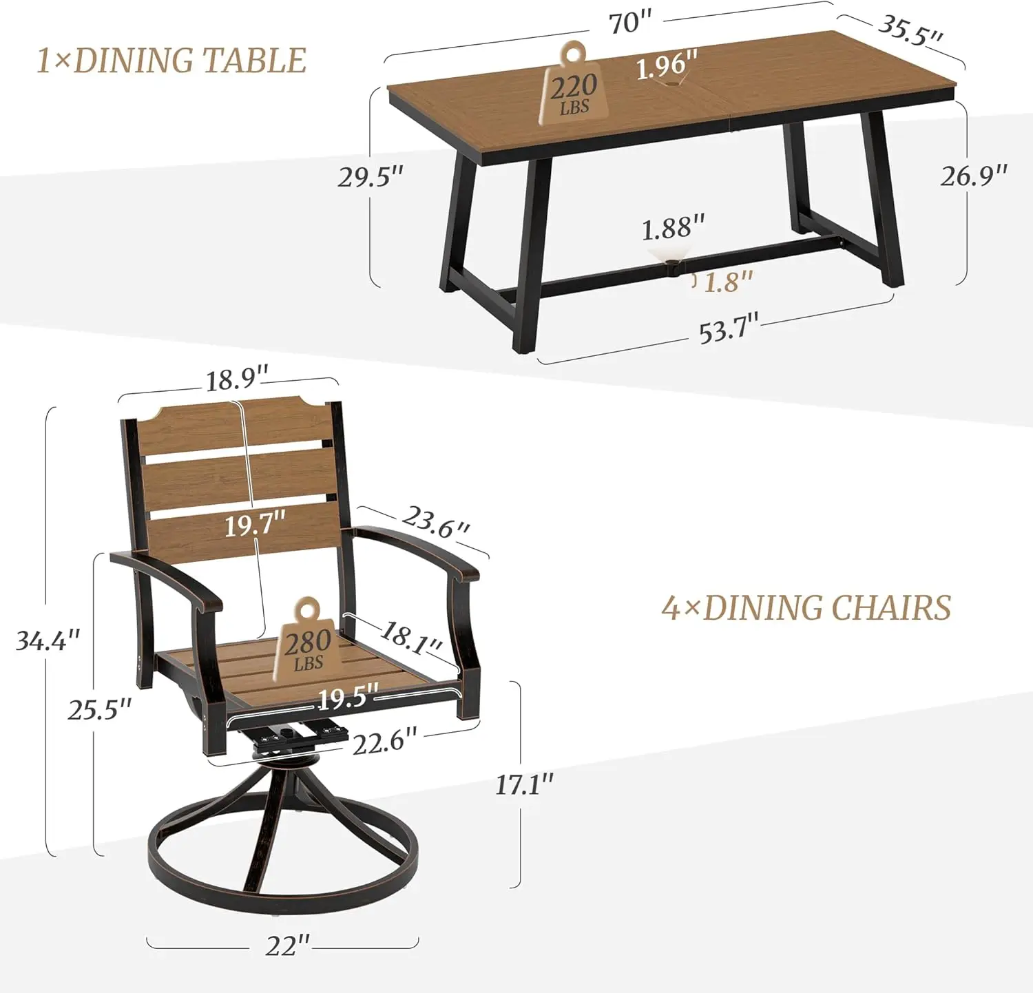 Chaise de salle à manger imprimée brun-huile, 5 pièces, pour patio