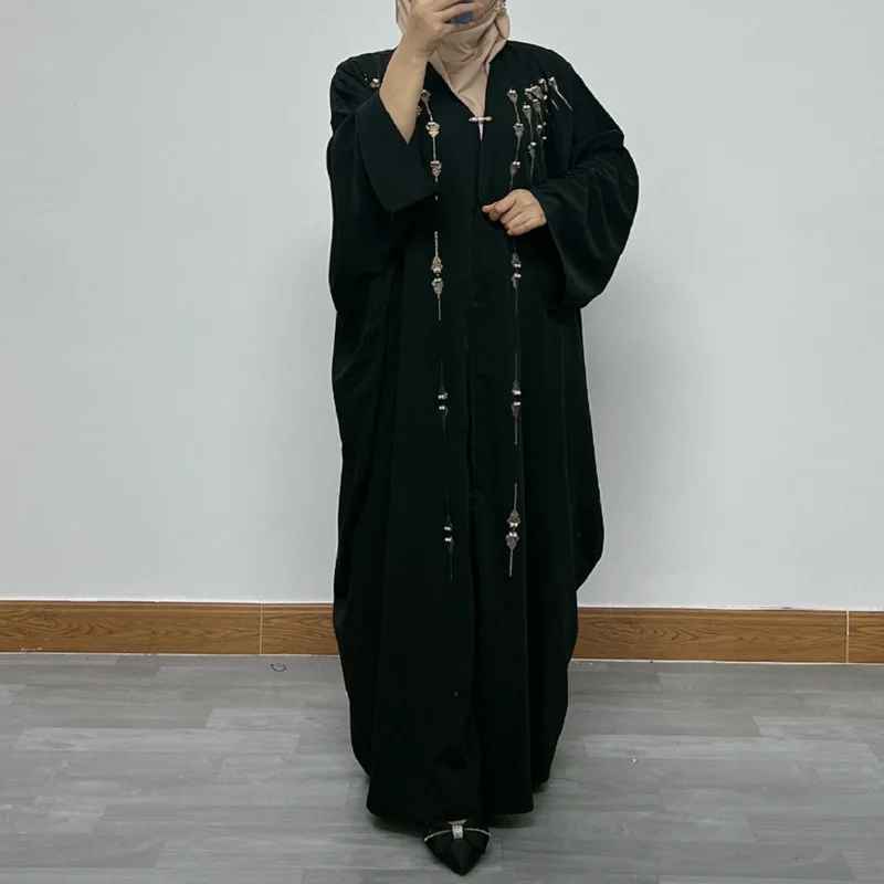 

Women's Muslim Fashion Hot Diamond Studded Bat Sleeveless Loose Cardigan Robe Abaya Dubai