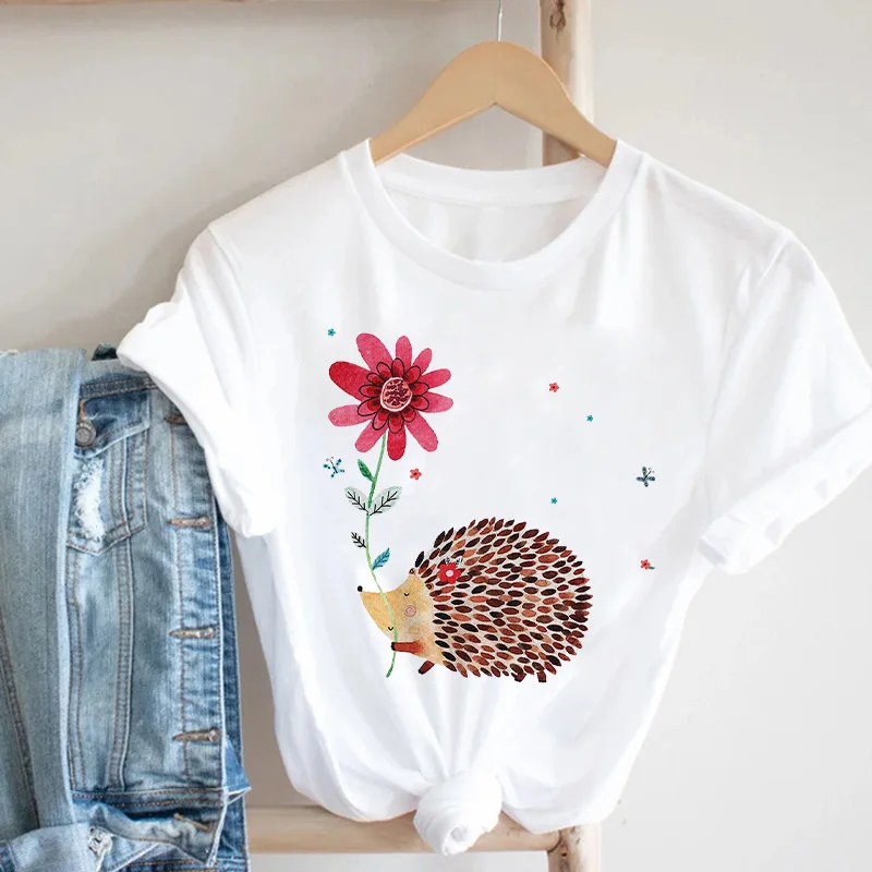 2022 Cartoon Hedgehog Flower Printed T Shirt Lady O-Neck Short Sleeve Tshirt Female Tops Harajuku Black Casual Women Tee shirt