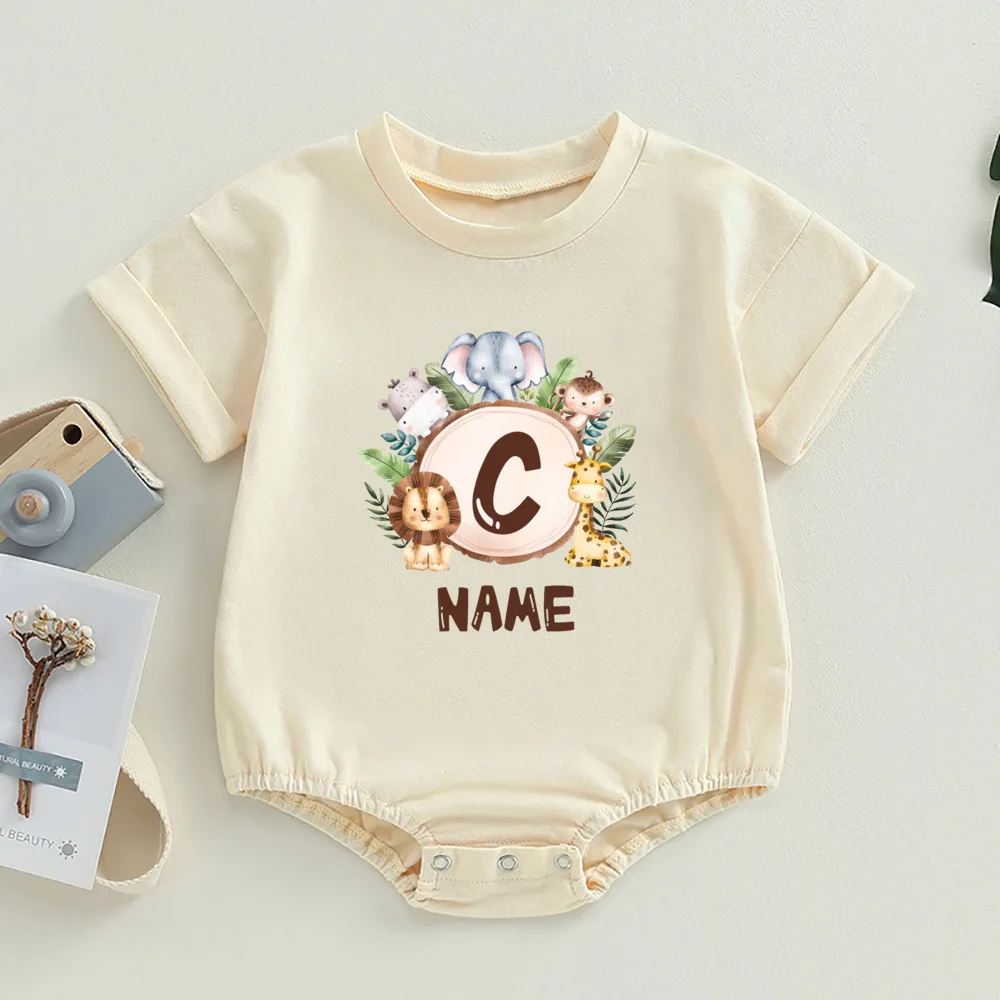 Personalised Safari Animal Letter with Name Bubble Romper Jungle Party Outfit Baby Oversized Bodysuit Infant Summer Jumpsuit