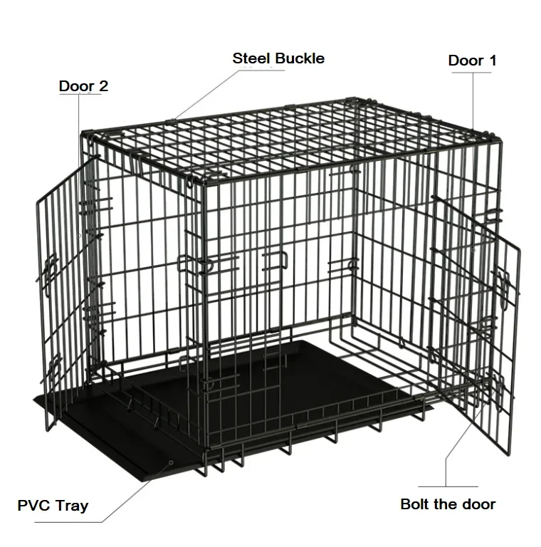 Folding Pet Cage Single Double Door Leak-Proof Plastic Pan Dog Crates  24/30/36/42/48 Inches Metal Dog Kennel for Big Pets