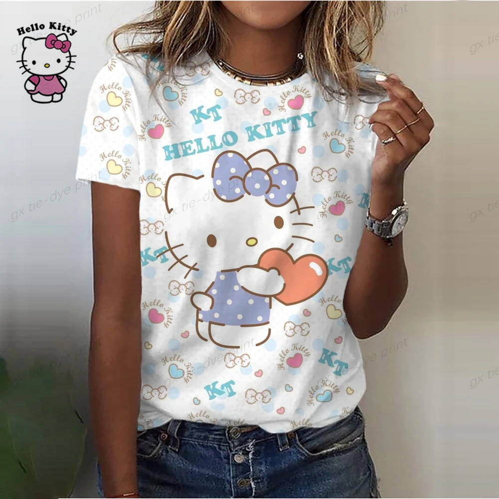 Summer Women clothing Cartoon Hello Kitty Print Oversized T-shirt Japanese Kawaii Streetwear Loose T shrit Y2k Harajuku Tops