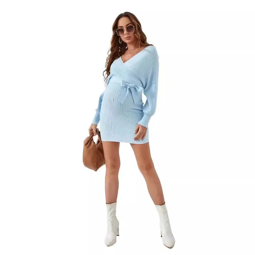 American Fashion Knitted Dress for Maternity Autumn Winter Sexy Hot V Neck Ties Slim Waist Min Sweaters Dress for Pregnant Women