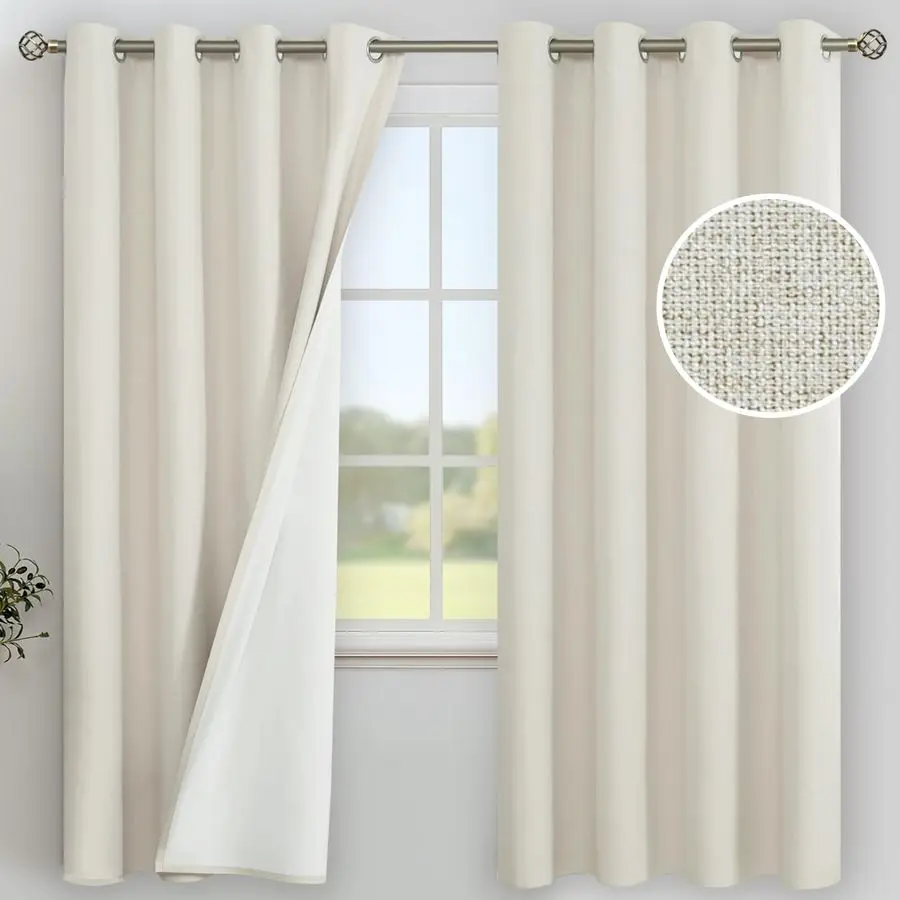 

72 Inches Long Linen 100 Blackout Curtains for Bedroom, Thermal Insulated Black Out Drapes with Grommet Room Darkening for Livin