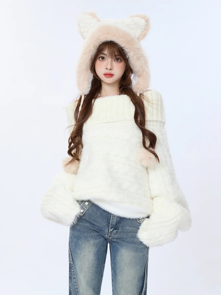 

ENJOG Мягкий утепленный свободный женский свитер с высоким воротником, осенне-зимний, с открытыми плечами, повседневный, модный, удобный вязаный топ