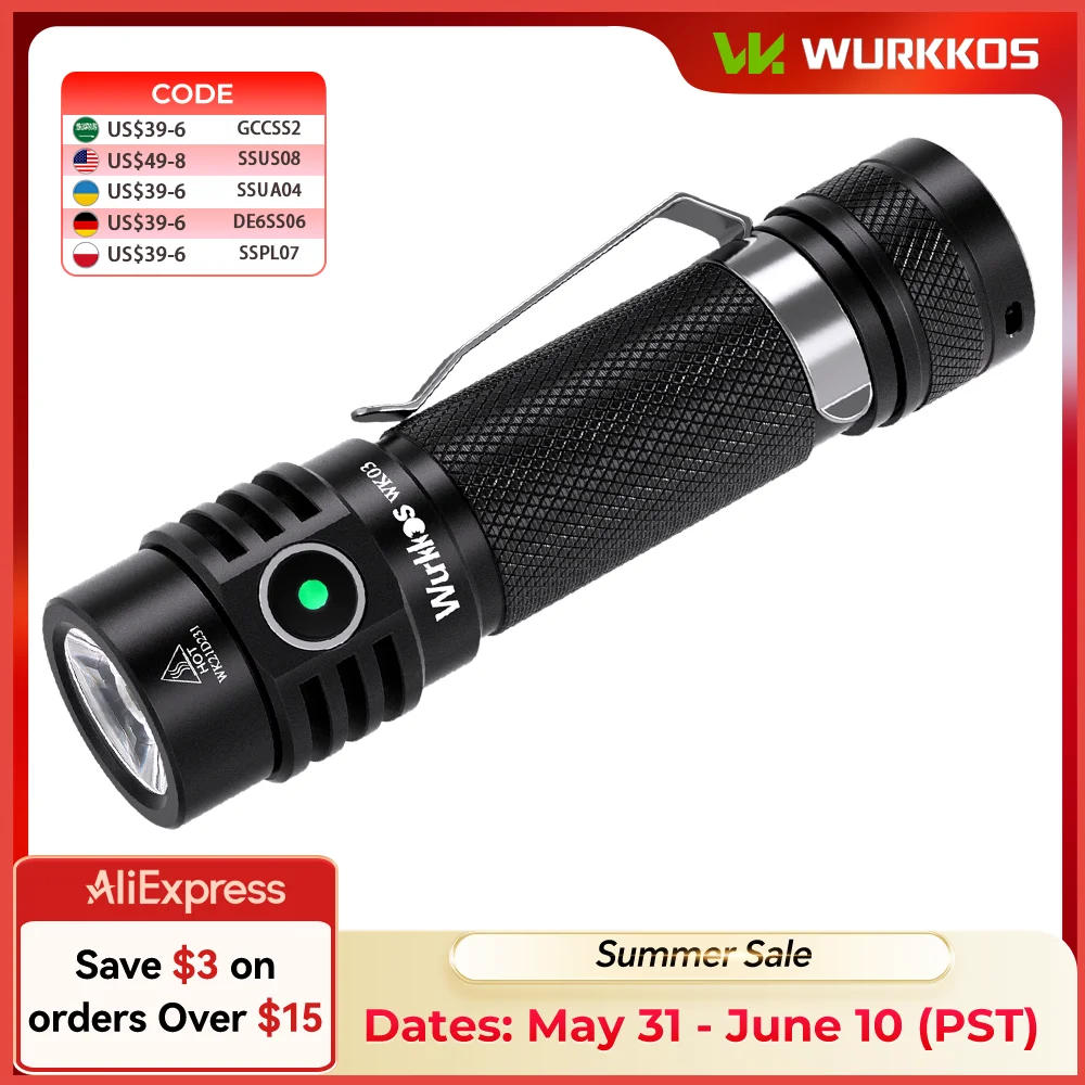 Linterna portátil EDC Wurkkos WK03, 1800LM, LED SST40, IP68, recargable, con batería 18650, cola magnética para acampar y hacer senderismo