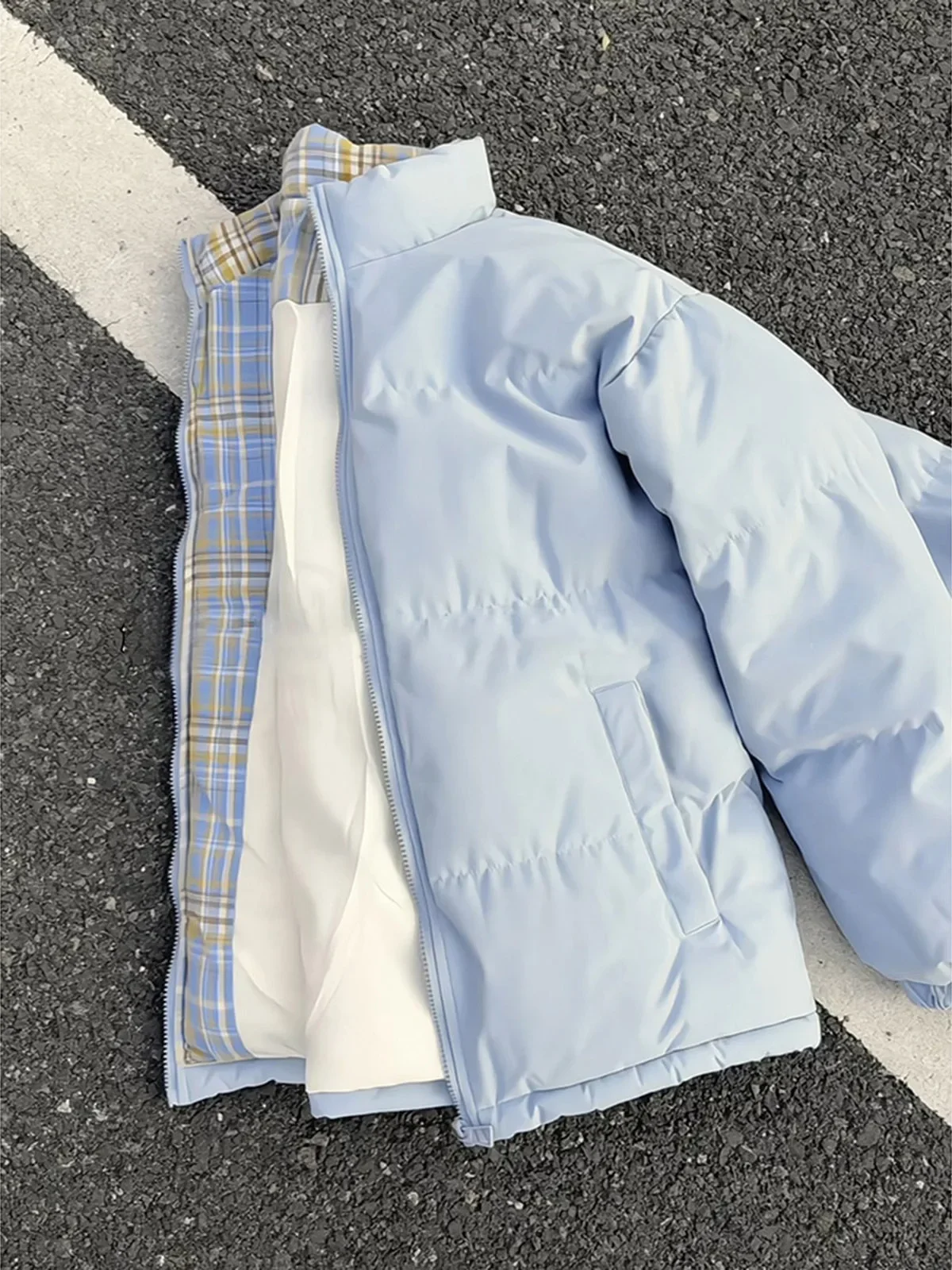 Blue Plaid Spliced Lightweight Down Cotton Jacket Men's Winter Warm Stand Collar Zipper Bread Style Short Cotton Coat