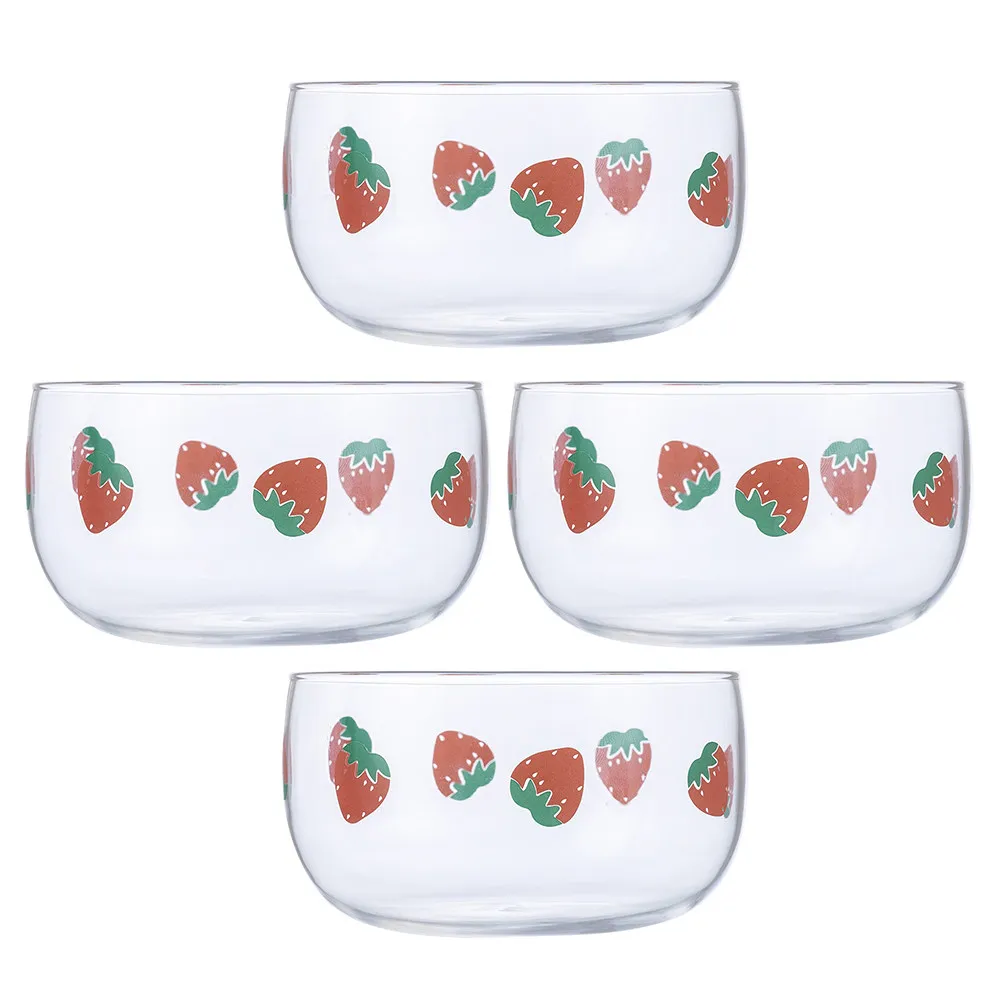 4Pcs Clear Glass Bowl Strawberry Pattern Rural Romantic Fruit Salad Dessert Serving Dish Kitchen Home Nordic Style Decorative