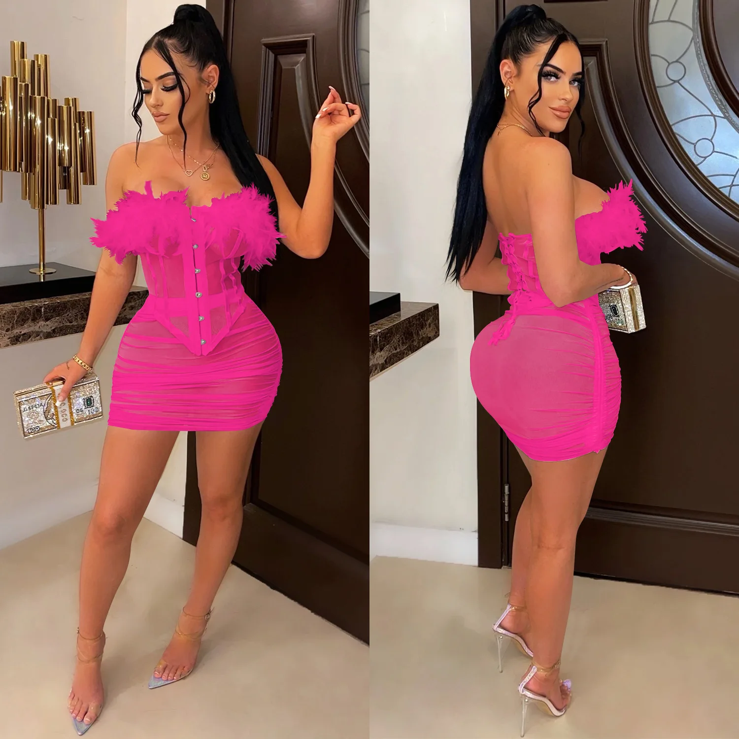 Personalizado feminino adulto dança do ventre moda outfit sexy malha ver através de penas rendas colete saia plissada traje de dança exótica