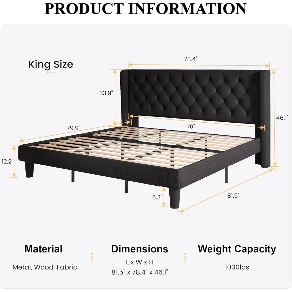 SHA CERLIN King Size Platform Bed Frame with Upholstered Headboard and Wingback, Button Tufted Design, Easy Assembly