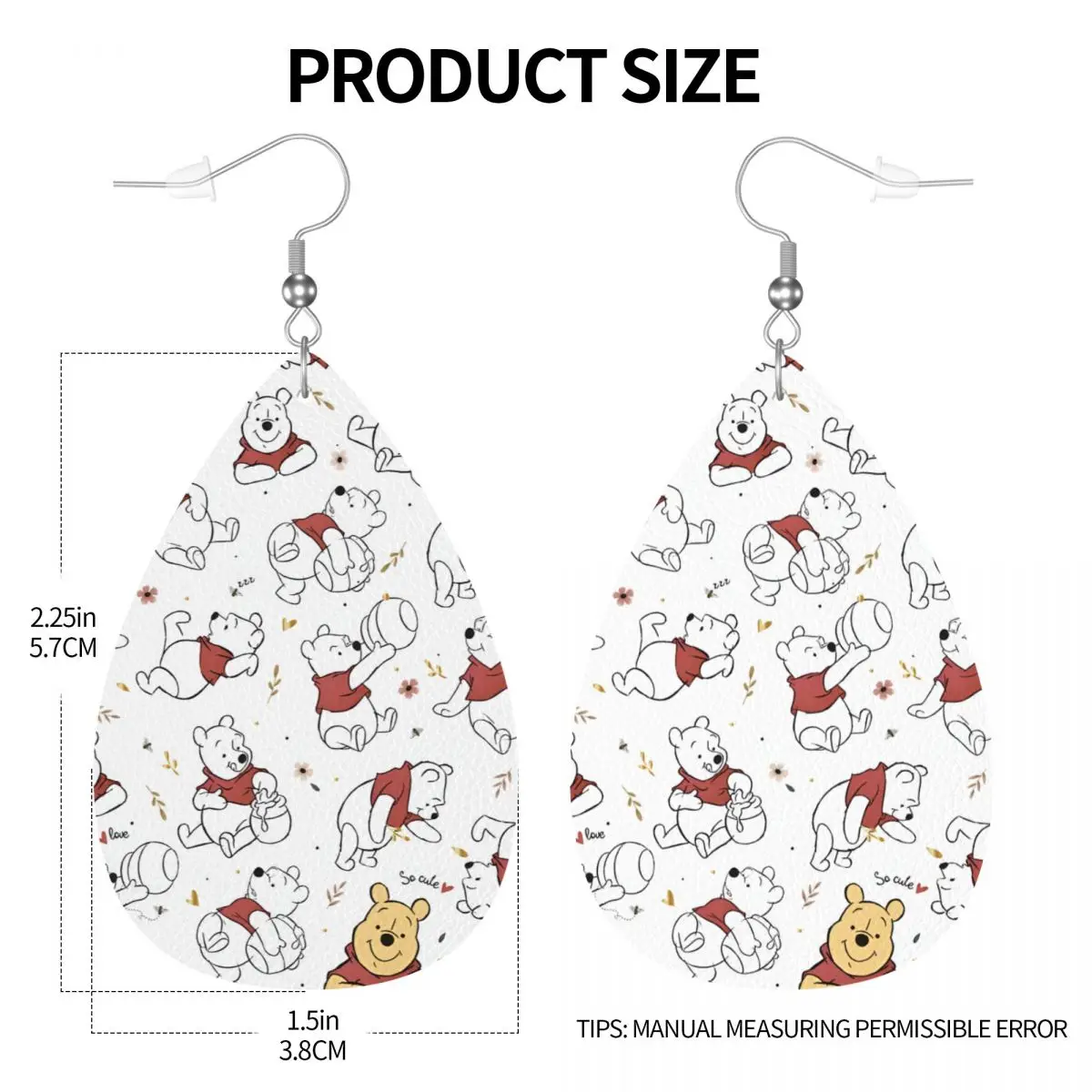 Custom Winnie The Pooh Leather Teardrop Earrings Fashion For Women Jewelry Accessories For Valentine's Day view 4