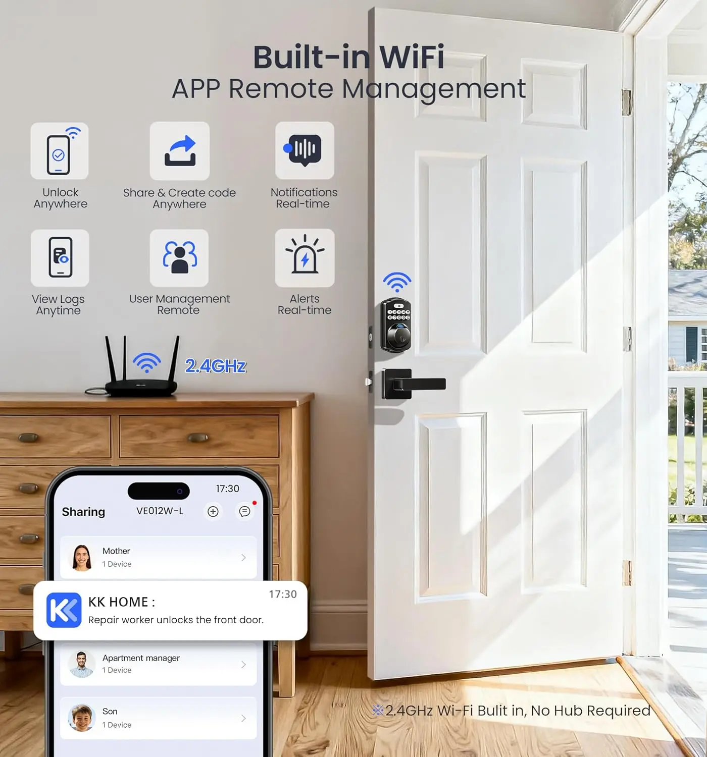VE012W-L قفل ذكي مدمج ببصمة الإصبع WiFi مع مجموعة مقبض رافعة، جهاز تحكم عن بعد للتطبيق، دخول بدون مفتاح للباب الأمامي، تخفيضات كبيرة