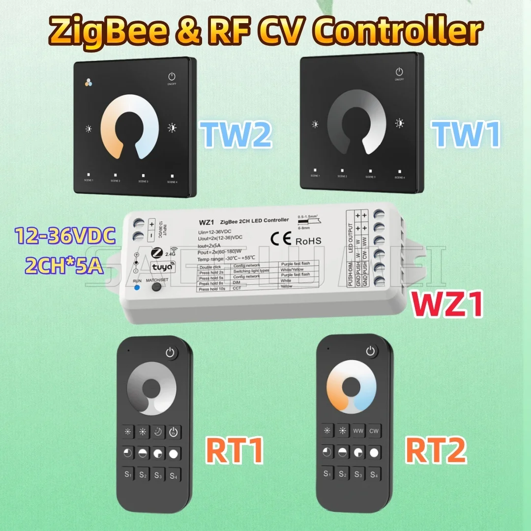 

WZ1 Skydance 2CH*5A 12-36VDC ZigBee Wireless RF Dimmer LED Controller for Single Color Color Temperature LED Strip Light Lamp