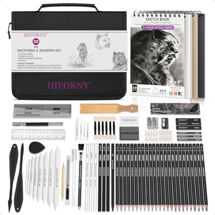 hiforny-100-pezzi-set-da-disegno-kit-per-schizzi-matite-per-schizzi-parole-d'arte-con-strumenti-per-sfumare-carbone-di-grafite-accessori-zippe-portatile