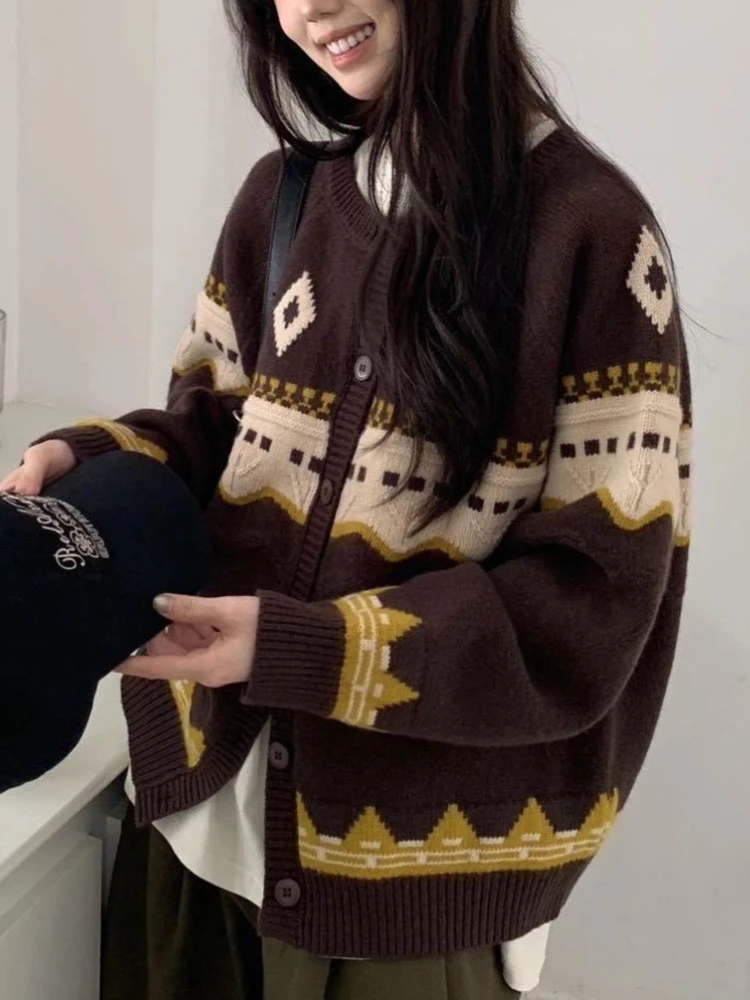 

Korean Fashion Cardigan Single Breasted Long Sleeve Contrast Color Jacquard Sweaters Vintage All Match Knit Tops Women Clothing