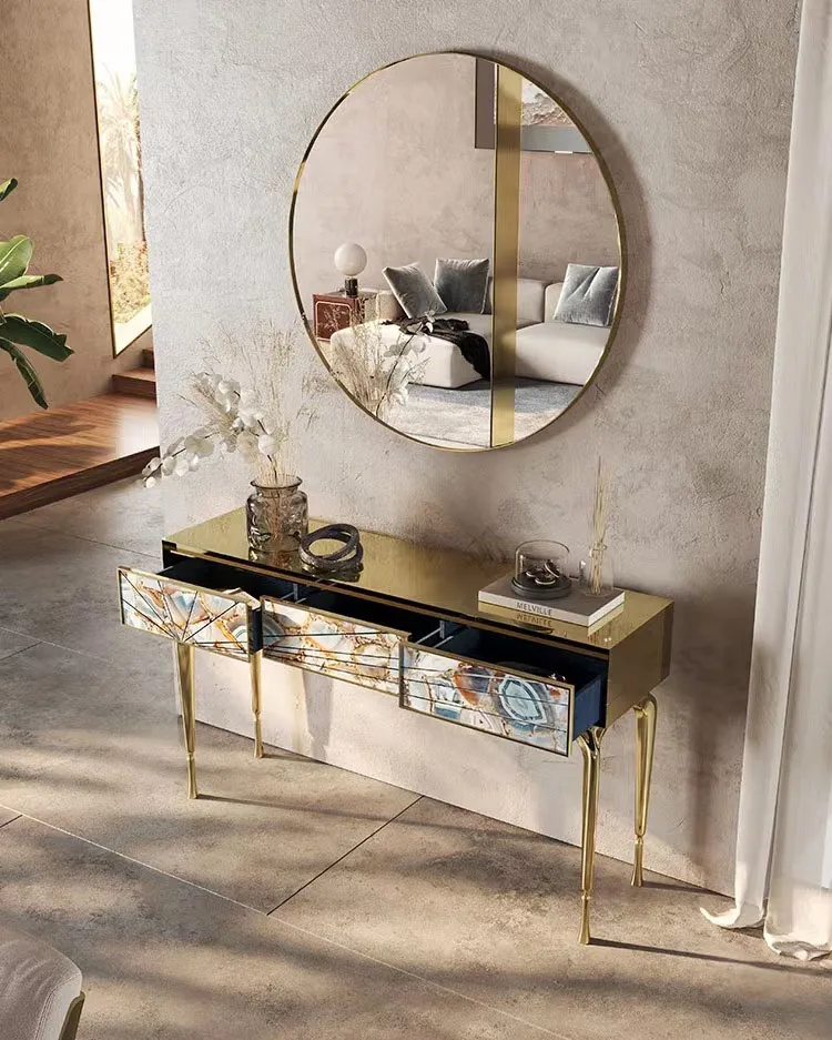 Italian-style Light Luxury Porch Cabinet Villa Simple Stainless Steel Agate Decorative End View Table