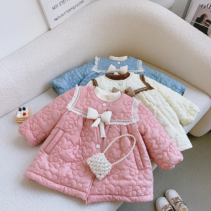 2024 Winter Children Girl Parkas Round Collar Knotbow Warm Infant Baby Girl Cotton Coat Solid Thicken 2-8Y Girls Outwear Jackets