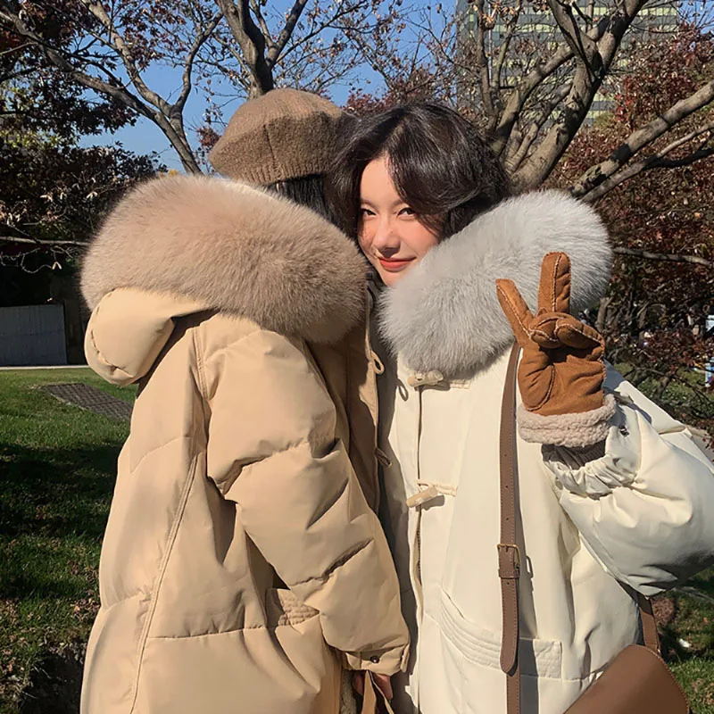 Light Luxury Fox Fur Big Hair Collar Long Hooded Down Coat Korean 2023 Winter New Fashion Design Casual Loose Thicken Warm Coat