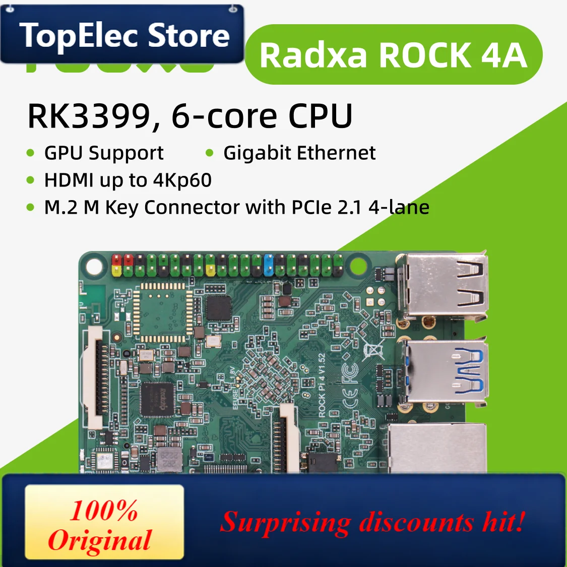TopElec Radxa Rock 4a Rk3399, 6-core Cpu Sbc, With 4k Output, Gigabit Ethernet And Pcie 2.1, Single Board Computer