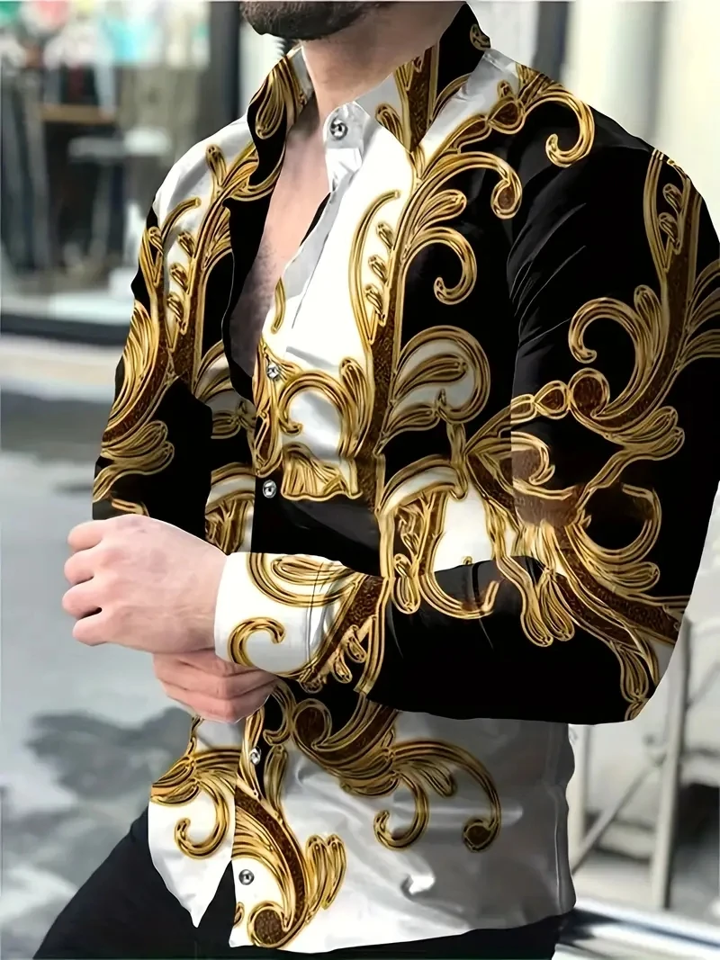 2024 Men\'s European and American Fashion Gold High Quality Printed Luxury Long sleeved Shirts Suitable for Party Street Wear