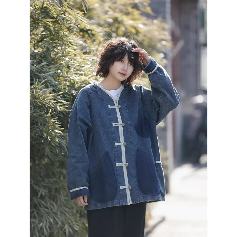 

Retro Japanese Sle Men's And Women's Loose Fit Denim Jaet Spring Autumn Seasonal Trendy Collarl Coat with Button Design