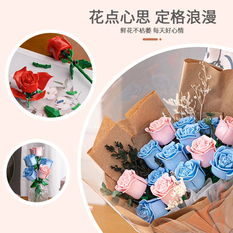 Pinlepai Romantic Red Blue Rose Building Blocks Flower Bouquet Bricks Model Brick Set Flowers Block Kit Diy Toys For Children