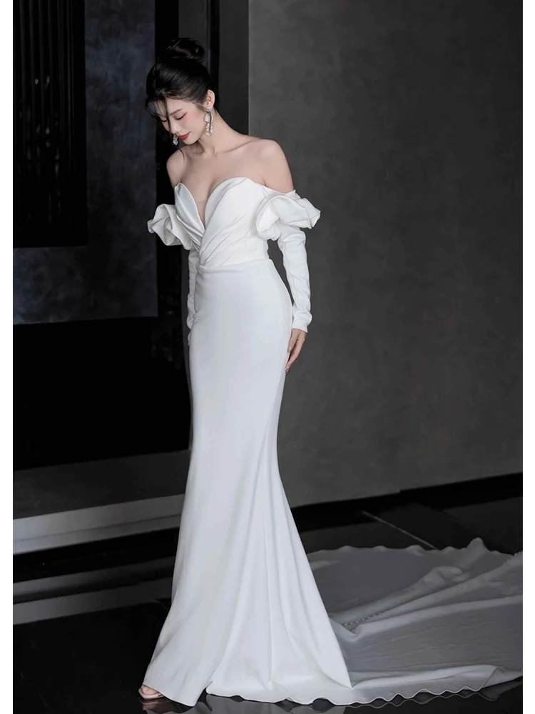 Wedding Dresses Full Sleevees Classic Satin Strapless Wedding Dress With Court Train Zipper Back Mermaid Wedding Dress 2024