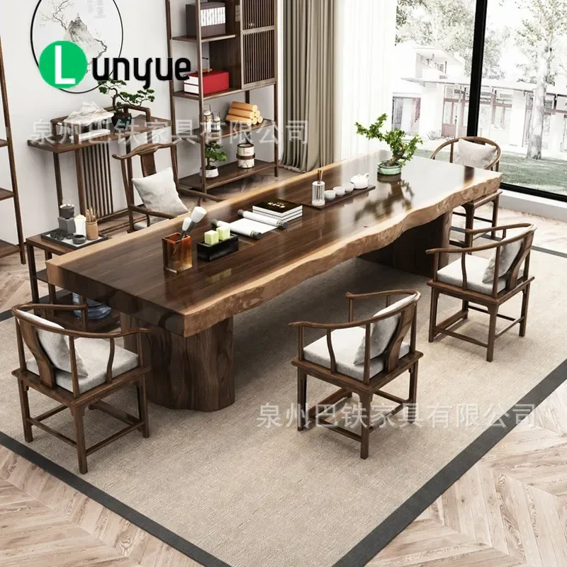 New Chinese Style Solid Wood Tea Table Set Large Board Office Tea House Reception Furniture Durable Natural Wood Complete Set