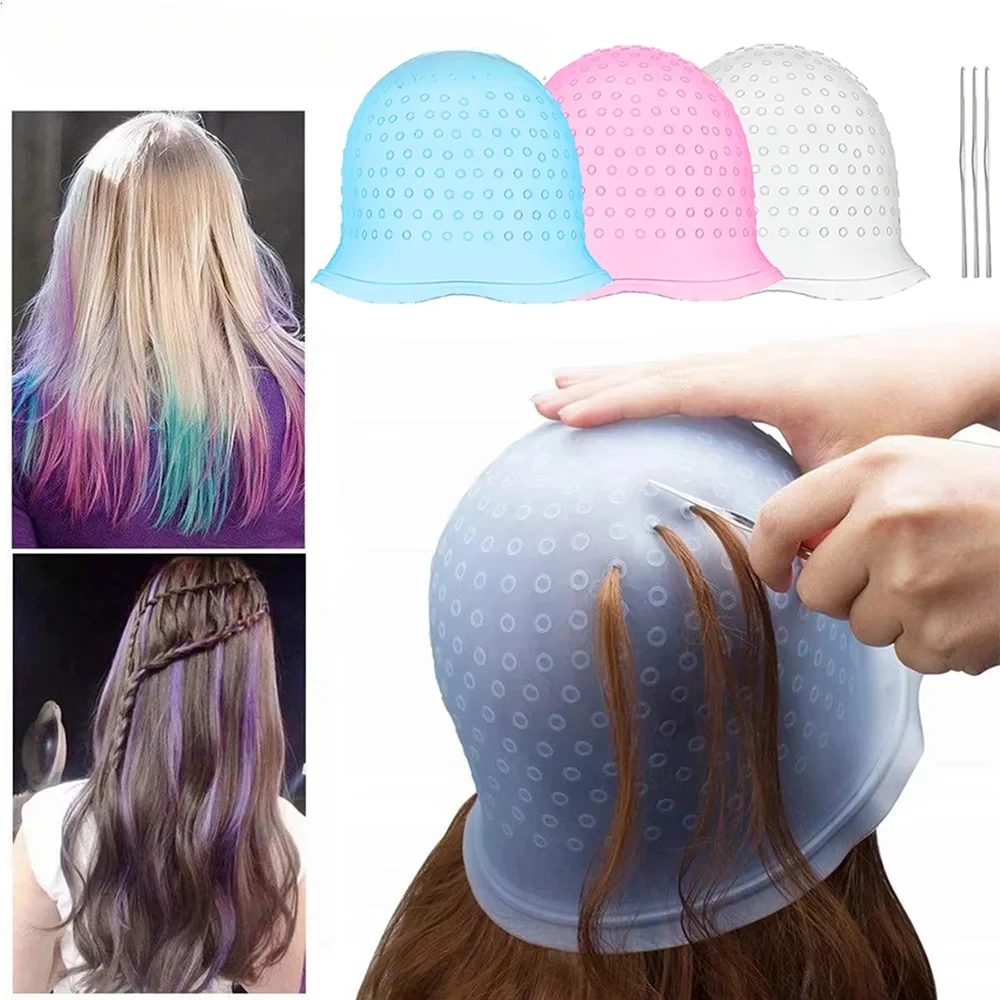 1set Silicone Highlighting Cap with Hook Needle Reusable Hair Dye Cap Set Barber Professional Hair Coloring Salon Hair Tools