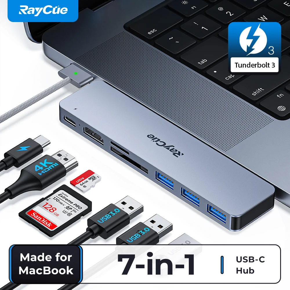 RayCue-USB-C Hub para MacBook Pro Air, Docking Station USB, Thunderbolt Dock, 5K, adaptador compatível com HDMI, M1, M2 Laptop, 7 em 2